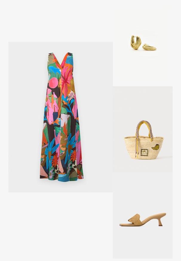 Robe longue sans manches avec un profond décolleté en V, présentant un imprimé floral abstrait et vibrant dans des tons roses, bleus, orange, verts et bruns.; Mule beige à bout ouvert avec un petit talon aiguille bas et une lanière décorative circulaire tissée sur le devant.; Sac cabas en paille tissée avec des anses tressées jaunes et beige, décoré d'un patch banane et d'un petit motif poisson encadré à l'avant.; Paire de boucles d’oreilles créoles dorées avec un design torsadé et sculpté, l’une debout et l’autre couchée à plat sur un fond blanc.