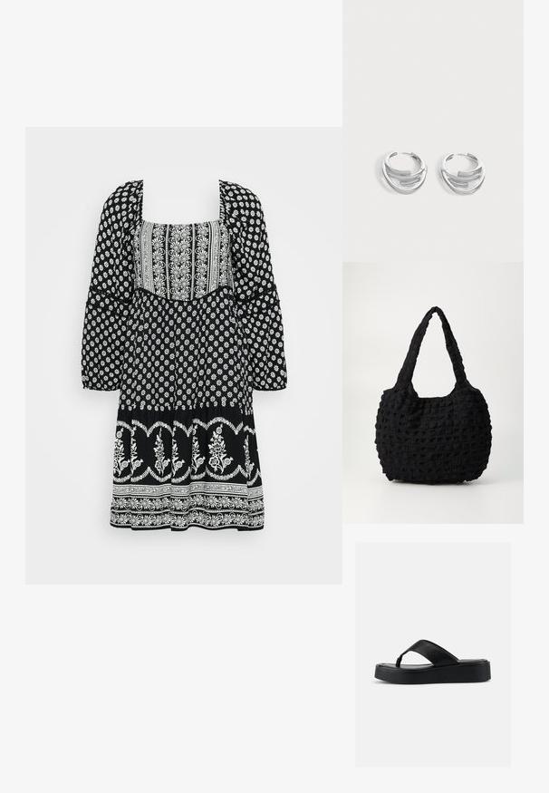 Un vestido negro con patrones florales blancos, un escote cuadrado, mangas abullonadas y una falda acampanada con acentos decorativos.; Sandalia tipo chancleta negra con plataforma, correa ancha de cuero y suela acolchada, vista lateral sobre un fondo liso y claro.; Bolso de tela negra con un patrón texturizado y tejido. Presenta una forma suave y redondeada y asas cortas y resistentes.; Par de pendientes de aro plateados pulidos con diseño de barra curva en capas sobre un fondo claro y liso.