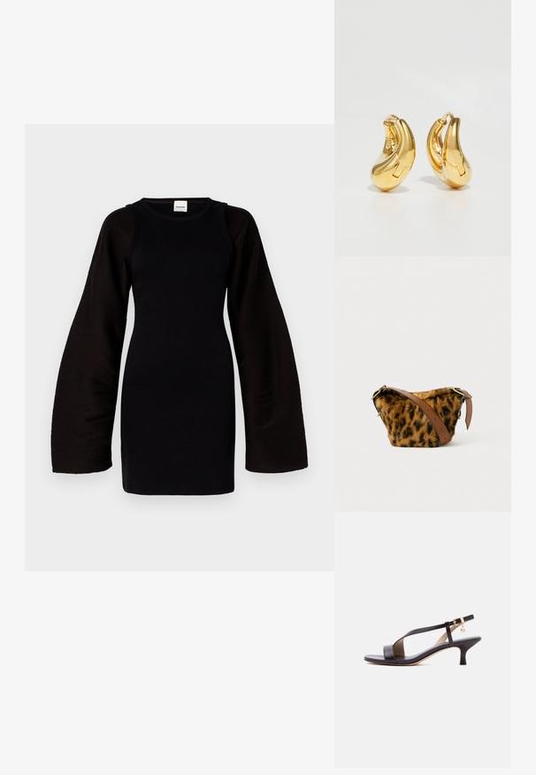 Vestido negro de punto con mangas largas y sueltas. Textura acanalada, cuerpo ajustado, escote redondo. Diseño minimalista, sin patrones o acentos visibles.; Sandalia de tacón tipo kitten de cuero negro con punta abierta, tira diagonal, hebilla en el tobillo y pequeño charm dorado sobre fondo blanco.; Bolsa de pelaje sintético con estampado de leopardo y una correa de cuero marrón, que presenta una forma redondeada y detalles en dorado.; Pendientes de aro de oro con forma curva y suave, y acabado pulido. Presentan un mecanismo de cierre y ligeras indentaciones para un toque de detalle.