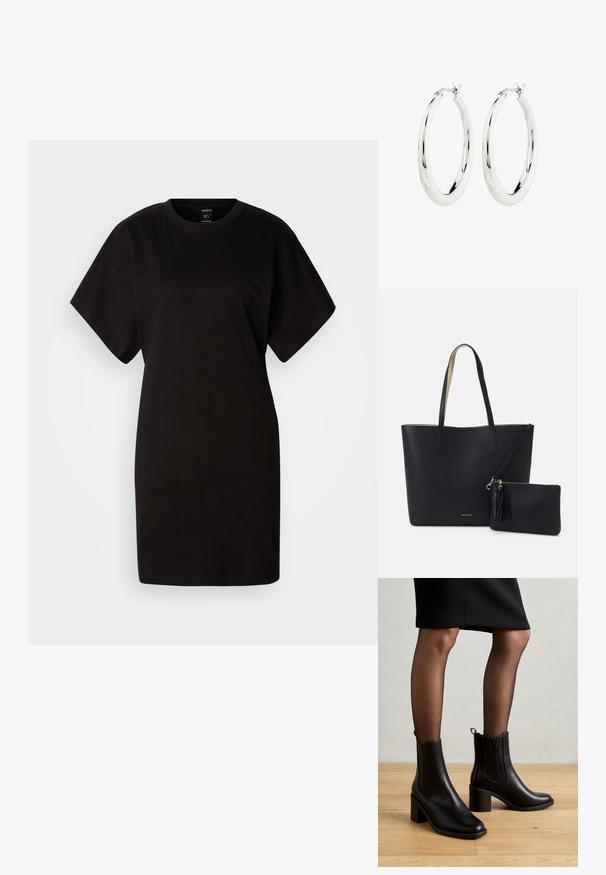 Sort t-shirt kjole med korte ærmer, rund halsudskæring, lavet af blødt bomuldsstof. Enkelt design, ingen synlige mønstre eller detaljer.; Anna Field Støvletter - black; Sort tote taske med struktureret materiale, to lange håndtag og en aftagelig lynlåspose med en frynse-detalje. Guld mærkelogo synligt.; Sølvøreringe i form af hoops med en glat, blank finish. Cirkulær form, der har en sikker lås. Simpelt og elegant design.