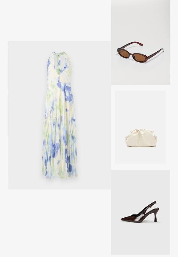 Plisseret halterneck kjole med et blomsterprint i blå og grønne nuancer på et let, lysegult stof.; Brune patenterede læderslingback-sandaletter med spids tå, en tynd hæl og justerbar rem med en lille spænde.; Runde, bruntonede solbriller med en glansfuld bordeauxramme. Slanke arme med diskret brandingdetalje. Flad linsedesign.; Blød, cremefarvet læder clutch taske med samlet, rynket design og en tynd skulderrem, der hviler foran på en ensfarvet baggrund.
