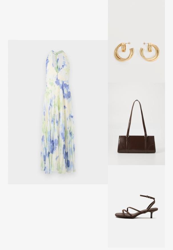 Plisseret halterneck kjole med et blomsterprint i blå og grønne nuancer på et let, lysegult stof.; Brun højhælet sandal med tynde krydsede stropper og en ankelrem med en sølvspænde på en hvid baggrund.; Brun lakeret håndtaske med rektangulær form, to lange håndtag og subtile buede detaljer på fronten.; Par af skinnende gyldne dobbelt loop øreringe med stift-lukning på hvid baggrund.