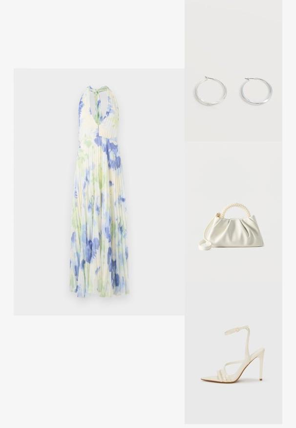 Plisseret halterneck kjole med et blomsterprint i blå og grønne nuancer på et let, lysegult stof.; Beige sandaler med høje hæle og spids tå, med tre stropper foran og en tynd ankelrem med spænde. Glat tekstur, minimalistisk design.; Lille hvid håndtaske med ruched krop, rundt håndtag pyntet med perler og aftagelig skulderrem på en ensfarvet baggrund.; Sølvfarvede metaloorringe med glat, let buet overflade og låsemekanisme på en ensfarvet hvid baggrund.