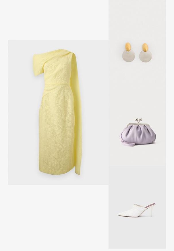 Pale yellow textured one-shoulder dress with draped fabric extending from shoulder to calf-length hem.; White mules with a pointed toe, pleated texture on the upper, and a slim stiletto heel. Smooth surface and minimalistic design.; Soft lavender clutch purse with gathered fabric, silver kiss-lock clasp, and matching wrist strap on a plain light background.; Gold and silver metal earrings featuring a round disc base and an oval top piece, smooth texture, and polished finish.