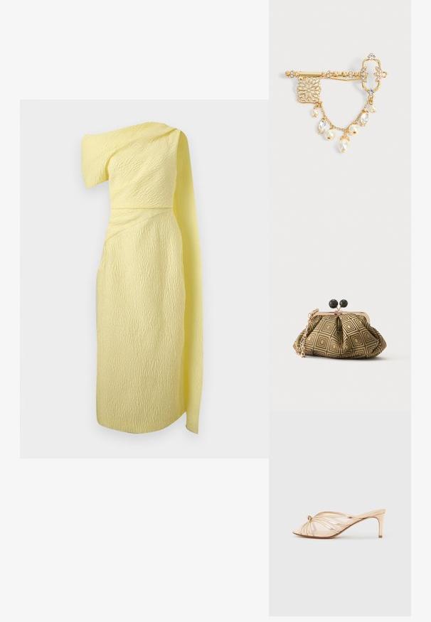 Pale yellow textured one-shoulder dress with draped fabric extending from shoulder to calf-length hem.; Open-toe, metallic gold mule sandal with a mid-height slim heel and thin, crisscross straps on a neutral background.; Small clutch purse with gold and black geometric pattern, gold-tone metal frame, black ball clasp, and a short gold chain strap.; Gold ornamental key-shaped brooch with clear crystals, filigree detail, and hanging gold chain with pearls and crystal charms on white background.
