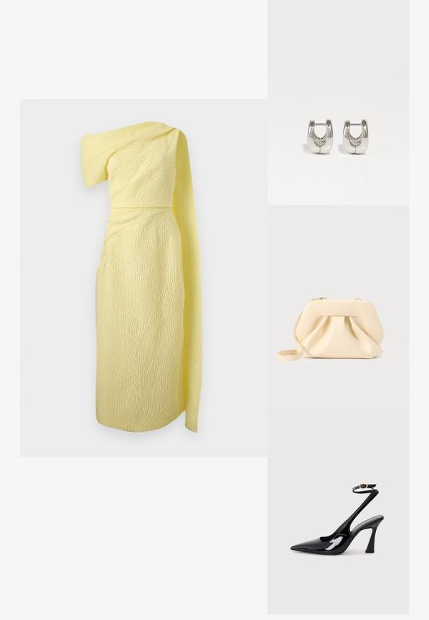 Robe texturée jaune pâle à une épaule avec un tissu drapé s’étendant de l’épaule jusqu’à l’ourlet longueur mollet.; Escarpins noirs en cuir verni avec un bout pointu, sangle ajustable à la cheville et un talon bloc modéré. Texture lisse avec finition brillante.; Pochette en cuir souple beige avec cadre structuré et détail plissé à l'avant, équipée d'une fine bandoulière pour poignet et d'une fermeture éclair dorée.; Boucles d'oreilles en argent en forme de cerceau, avec une surface métallique lisse et un design ouvert au centre, reflétant la lumière.