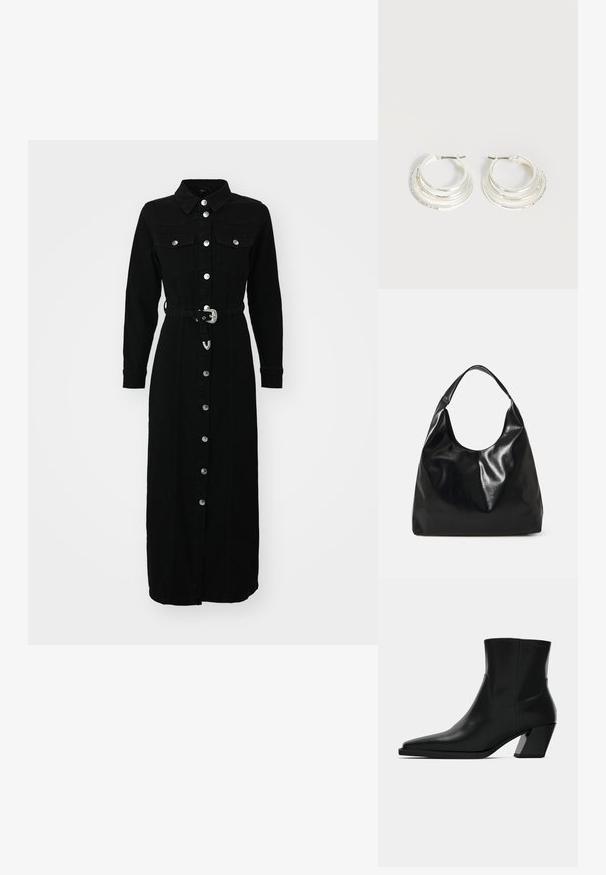 ONLY ONLMYTH LIFE BELT DRESS - Robe en jean - washed black; Bottine en cuir noir avec un bout pointu, une silhouette élégante et un talon carré massif. Texture lisse avec des détails de couture minimalistes.; Sac hobo en cuir noir avec une texture douce et brillante et un haut ouvert arrondi. Dispose d'une large sangle courbée pour le transport. Pas de matériel visible.; Boucles d'oreilles créoles en argent avec trois bandes semi-circulaires superposées, dont une ornée de petits cristaux clairs sur un fond clair.