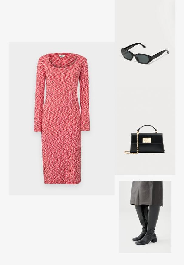 Robe rouge à manches longues avec un décolleté arrondi, présentant un motif texturé mêlant des nuances de rouge clair et foncé sur un fond uni.; Bottes en cuir noir montant jusqu'au genou avec un bout carré, un talon bloc incliné et une fermeture éclair latérale ; texture lisse et design ajusté.; Lunettes de soleil noires avec montures rectangulaires. Bords texturés ornés de petits cristaux clairs. Verres teintés foncés avec une finition brillante.; Sac à main en cuir noir à la forme structurée, doté d'une poignée supérieure et d'une bandoulière chaîne ton or. Ornements dorés décoratifs avec détail de logo.