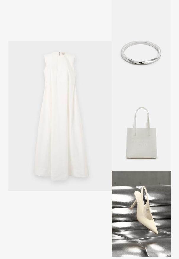 Mouwloze jurk van witte stof, met een ronde halslijn en een uitlopende silhouet, voorzien van een onzichtbare rits aan de achterkant en een afgewerkte zoom.; Witte slingback pump met spits uiteinde, tentoongesteld tegen een glanzende zilveren kussenachtergrond.; Witte faux-lederen tote bag met een krokodillenstructuur, met het gegraveerde logo "TED BAKER LONDON" aan de voorkant, voorzien van twee platte handvatten.; Zilveren metalen armband met een gladde, glanzende oppervlakte en platte randen. Heeft een open cirkelontwerp met een subtiele sluiting.