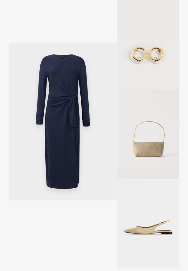 Langärmliges, marineblaues Midikleid mit Rundhalsausschnitt, seitlichem Knoten-Detail und geradem Schnitt vor einem weißen Hintergrund.; Beiger Slingback-Ballerina mit spitzer Kappe, niedrigem schwarzem Absatz und glattem Lederfinish, seitlich auf einfarbigem Hintergrund gezeigt.; Beige gewebte Handtasche mit dünnem Schulterriemen und kleinem goldenen "BOSS" Logo vorne, vor weißem Hintergrund präsentiert.; Goldene runde Ohrringe mit jeweils zwei kleinen silbernen Ringen, die dezent gravierte Markennamen zeigen, vor weißem Hintergrund platziert.