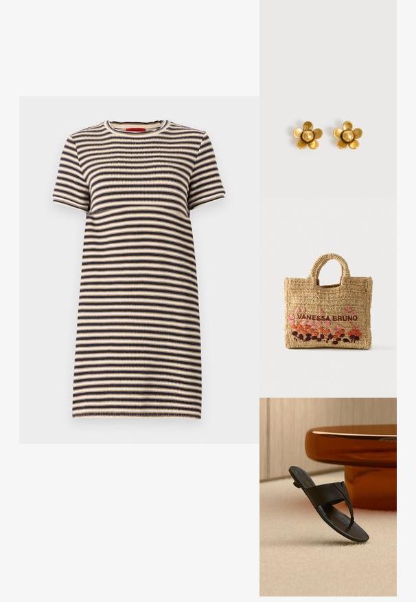 Strikket kjole med striber, der har rund halsudskæring, korte ærmer og en tætsiddende pasform. Farverne inkluderer marineblå, beige og off-white striber.; Sort læder tåsandal med lav hæl, svævende over beige tæppe nær et rundt brunt bord i en minimalistisk indendørs indstilling.; Håndvævet tan raffia tote taske med afrundede håndtag, broderet med "VANESSA BRUNO" og rosa, orange og lilla blomsterdesigns.; To små guldfarvede blomstrelignende ørestikker med fem afrundede kronblade og en kugleformet midte på en hvid baggrund.