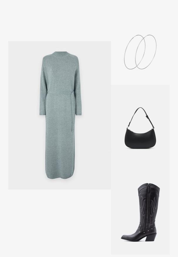 Vestido largo de punto en azul grisáceo claro con cuello redondo, mangas largas, cintura ceñida con cinturón y puños y dobladillo acanalados, que presenta una textura suave.; Botas vaqueras de cuero negro con puntera puntiaguda, costuras visibles, detalles de tachuelas plateadas y cierre de cremallera en el lado interior.; Pieces PCALUANA SHOULDER BAG - Bolso de mano - black; Pendientes de aro plateados con un diseño minimalista. Forma circular, textura suave y perfil delgado. Livianos con un acabado pulido.