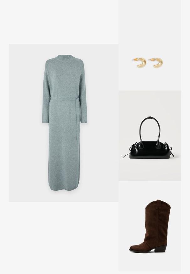 Robe en tricot bleu gris clair, longue, avec un col rond, des manches longues, une taille ceinturée, et des poignets et un ourlet côtelés, présentant une texture lisse.; Botte de cow-boy mi-mollet en daim marron avec un talon empilé bas et une languette de tirage sur un fond clair uni.; Petit sac à main noir brillant avec deux longues anses et des détails à cordon sur les côtés sur un fond clair uni.; Boucles d'oreilles en forme de croissant en or avec une finition lisse, présentant des accents orange près du clou et un matériel en argent.
