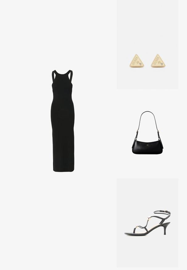 Gestuz GZSARIELLE - Maxi-jurk - black; Zwarte sandaal met bandjes en een middenhoge hak, gouden accentkralen en enkelbandje met gesp op een witte achtergrond.; Zwarte leren mini schoudertas met een dun riempje en klein goudkleurig CK-logo aan de voorkant in het midden.; Guess PARTY - Oorbellen - gold-coloured