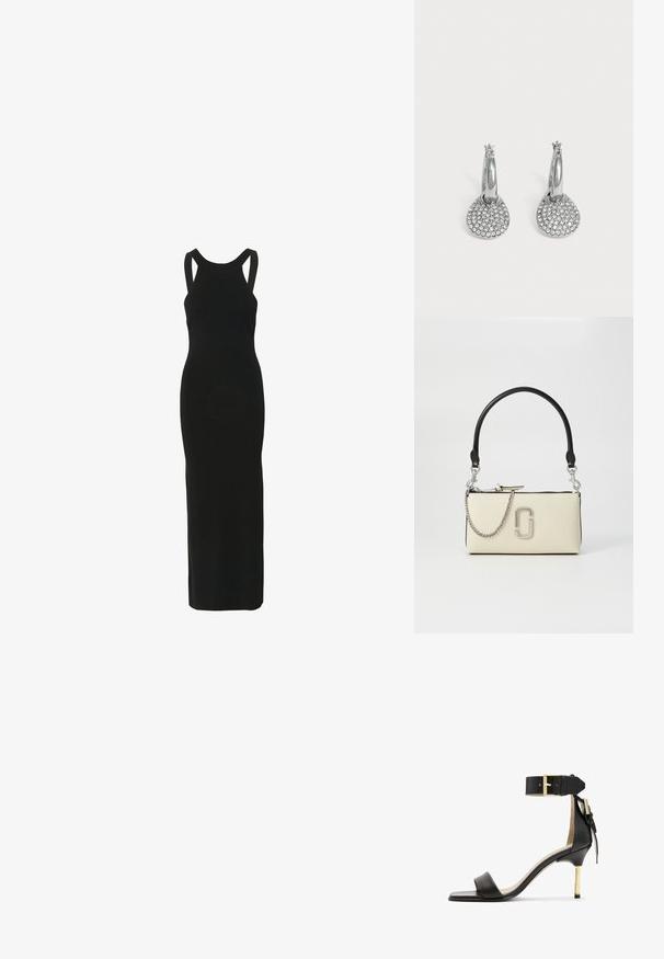 Gestuz GZSARIELLE - Maxi-jurk - black; Zwarte leren sandalen met hak en vierkante neus, enkelband met een gouden gesp en een slanke metalen hak. Soepele textuur, minimalistisch ontwerp.; Crème-kleurige handtas met een zwarte hengsel, zilveren kettingdetail en een prominent logo aan de voorkant. Glad oppervlak en ritssluiting.; Zilveren creolen met ronde, platte hangers bezet met kleine heldere kristallen op een effen lichte achtergrond.