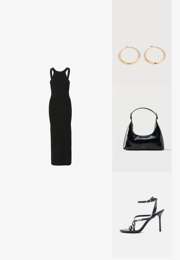 Gestuz GZSARIELLE - Vestido largo - black; Sandalia negra de tacón alto con tiras finas, hebilla en el tobillo y detalle de logo metálico en la tira lateral, sobre un fondo blanco.; Bolso negro brillante de Calvin Klein con cremallera dorada y correa corta sobre un fondo blanco liso.; Par de pendientes de aro dorados pulidos con postes delgados y cierres con bisagra, exhibidos sobre un fondo liso gris claro.