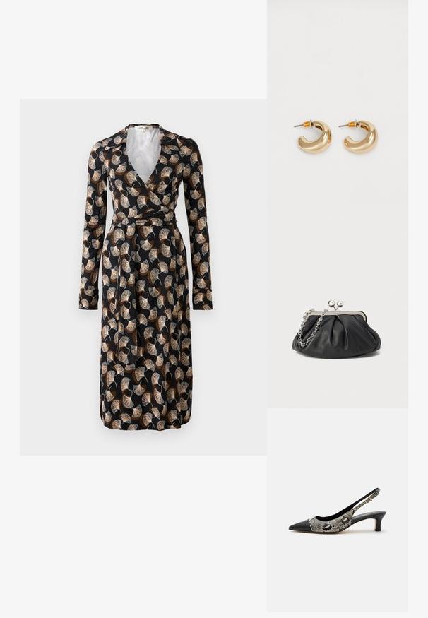 Vestido negro de manga larga con patrón de hojas en forma de abanico en tonos marrón-beige, cuellos tipo polo y cinturón a la cintura.; Zapato slingback negro puntiagudo con tacón bajo tipo ‘kitten’ y parte superior con estampado de serpiente que lleva una pequeña hebilla dorada en la correa.; Clutch de cuero negro con textura arrugada, marco de metal en tono plateado, cierre de beso y cadena para colgar. Superficie suave y lisa.; Dos pendientes de aro dorados brillantes en un diseño curvado, con acentos naranjas cerca del poste, sobre un fondo blanco liso.