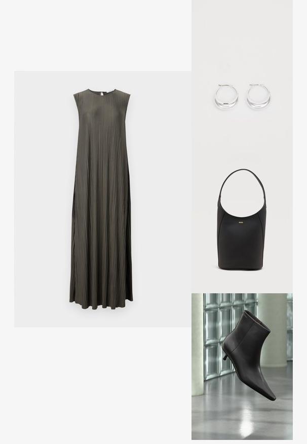 Vestido largo sin mangas en un verde oliva oscuro con un diseño plisado, escote redondo y detalle de ojal en la parte posterior. Textura suave.; Bota de cuero negro para el tobillo con puntera puntiaguda y tacón pequeño, exhibida frente a una pared de bloques de vidrio y un suelo pulido.; Bolso de cuero negro tipo saco con una sola correa para el hombro y pequeño logo dorado de BOSS centrado cerca de la parte superior frontal.; Pendientes de aro de plata con un acabado pulido y la marca DKNY, exhibidos sobre un fondo blanco liso.