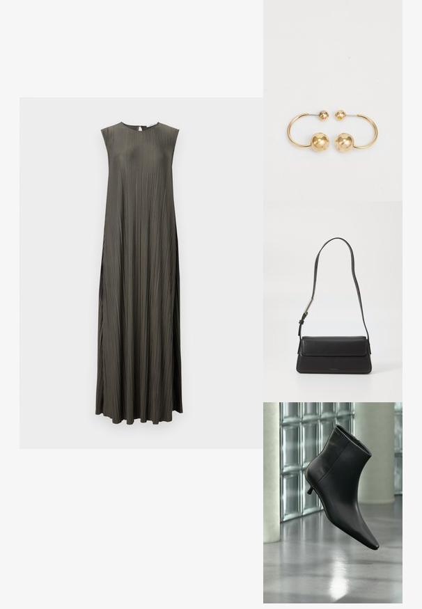Vestido largo sin mangas en un verde oliva oscuro con un diseño plisado, escote redondo y detalle de ojal en la parte posterior. Textura suave.; Botín negro de cuero con punta puntiaguda y tacón bajo estilo kitten, mostrado en ángulo sobre un suelo pulido y con una pared de bloques de vidrio de fondo.; Bolso de mano de cuero negro con forma rectangular y solapa plegable. Presenta una correa delgada y una marca mínima en la parte delantera.; Pendientes de metal en tono dorado con un diseño circular que presenta dos esferas, una más grande y texturizada, y una bola pulida más pequeña en la parte superior.