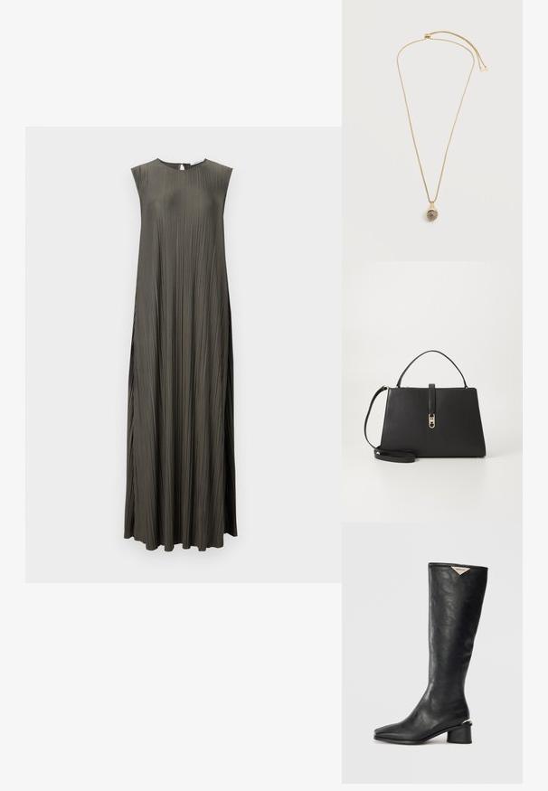 Vestido largo sin mangas en un verde oliva oscuro con un diseño plisado, escote redondo y detalle de ojal en la parte posterior. Textura suave.; Bota negra hasta la rodilla hecha de cuero suave, con punta cuadrada y un tacón medio tipo bloque con un acento metálico en el tacón.; Tommy Hilfiger TH LIBRE MED SATCHEL - Bolso de mano - black; Collar de cadena de oro con cierre ajustable y colgante redondo incrustado con pequeñas piedras brillantes sobre fondo blanco.