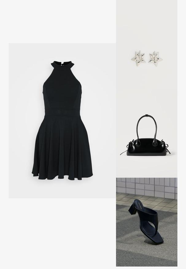 Schwarzes ärmelloses Kleid mit hohem Kragen, tailliertem Oberteil und ausgestellt Rock. Hergestellt aus einem glatten, elastischen Stoff mit einem klaren Design.; Schwarze Sandale mit Absatz, quadratischer Zehenpartie und breitem Riemen, auf grauem Asphalt nahe einer gefliesten Wand platziert.; Kleine schwarze glänzende Handtasche mit zwei langen Griffen und seitlichen Kordelzug-Details vor einfachem hellem Hintergrund.; Silberne, sternförmige Creolen mit einer glatten, polierten Oberfläche auf weißem, schlichtem Hintergrund.