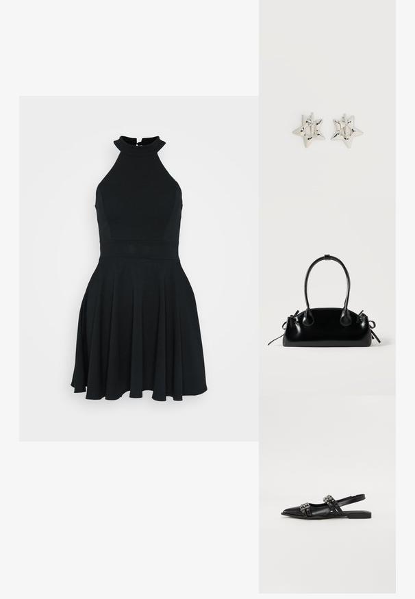 Schwarzes ärmelloses Kleid mit hohem Kragen, tailliertem Oberteil und ausgestellt Rock. Hergestellt aus einem glatten, elastischen Stoff mit einem klaren Design.; Even&Odd by Zalando Sling-Ballerina - black; Kleine schwarze glänzende Handtasche mit zwei langen Griffen und seitlichen Kordelzug-Details vor einfachem hellem Hintergrund.; Silberne, sternförmige Creolen mit einer glatten, polierten Oberfläche auf weißem, schlichtem Hintergrund.