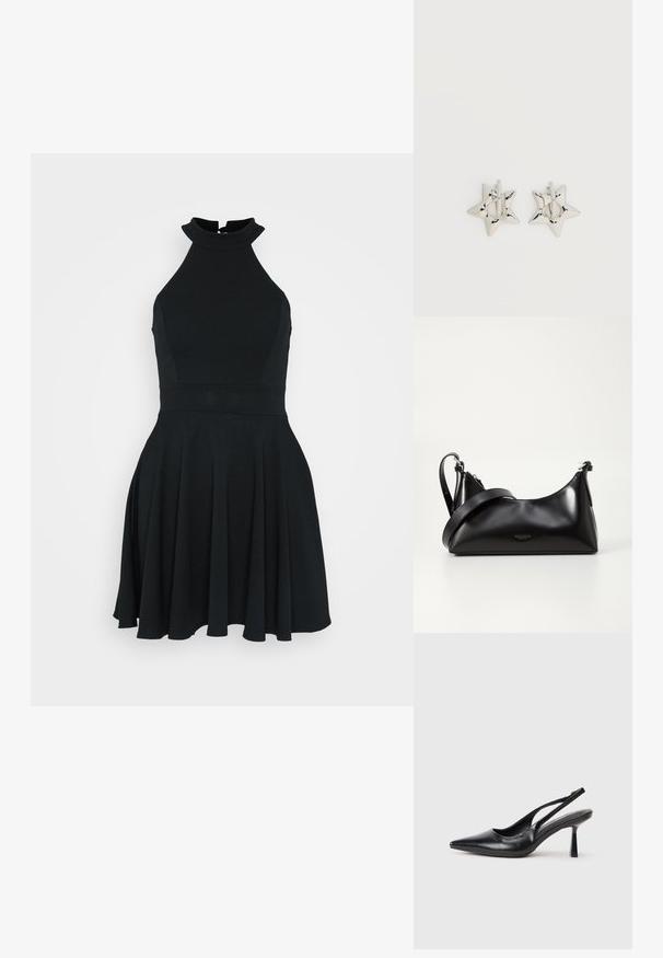 Zwarte, mouwloze jurk met een hoge halslijn, een getailleerd lijfje en een uitlopende rok. Gemaakt van een gladde, rekbare stof met een strakke uitstraling.; Zwarte leren slingback hoge hak schoenen met puntige neus en slanke hak op een witte achtergrond.; Zwarte leren handtas met een gladde textuur. Beschikt over een verstelbare schouderband en een strak, minimalistisch ontwerp met een ritssluiting.; Zilverkleurige stervormige oorringen met een gladde, gepolijste afwerking op een effen witte achtergrond.