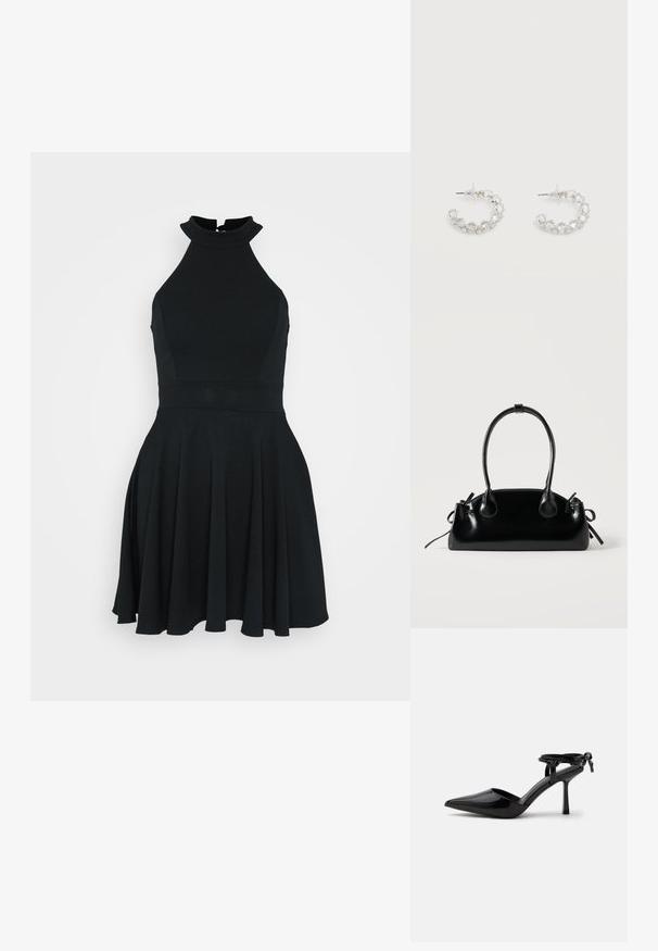 Vestido negro sin mangas con un escote alto, cuerpo ajustado y falda acampanada. Hecho de una tela suave y elástica con un diseño limpio.; Zapato de tacón alto de cuero charol negro con punta puntiaguda y correa en el tobillo atada en un nudo en la parte trasera, mostrado sobre un fondo blanco liso.; Pequeño bolso negro brillante con dos asas largas y detalles de cordón lateral sobre un fondo claro liso.; Pendientes de aro plateados incrustados con cristales facetados transparentes, con cierre de poste y tapones auriculares transparentes sobre un fondo blanco.