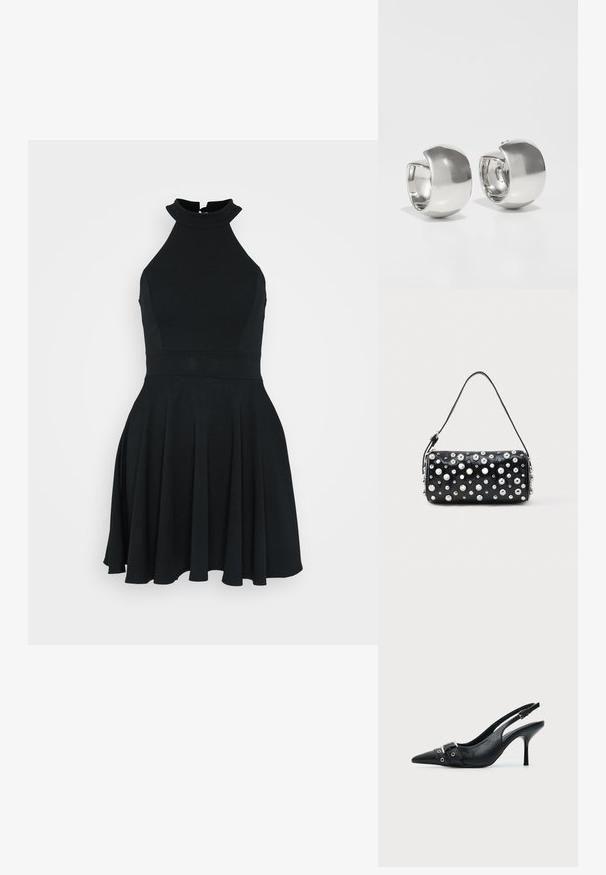 Schwarzes ärmelloses Kleid mit hohem Kragen, tailliertem Oberteil und ausgestellt Rock. Hergestellt aus einem glatten, elastischen Stoff mit einem klaren Design.; Schwarzer Leder Slingback-Pumps mit spitzer Vorderkappe und einem Schnallen- und Ösenriemen vorne.; Schwarze Lederhandtasche mit abgerundeter Form, verziert mit silbernen Nieten. Verfügt über einen abnehmbaren Riemen und einen Reißverschluss. Glatte Textur.; Uncommon Matters SCULPTURAL LARGE CREOLE - Ohrringe - silver-coloured