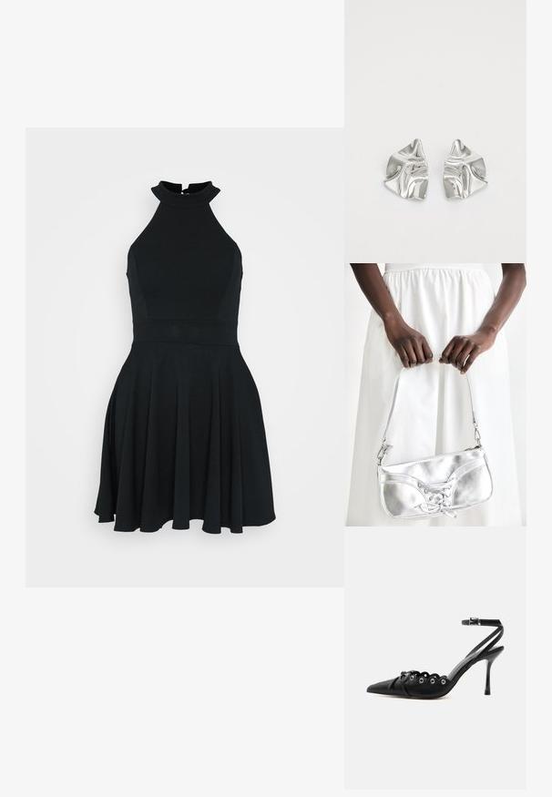 Robe noire sans manches avec un col montant, un corsage ajusté et une jupe évasée. Réalisée dans un tissu lisse et extensible avec un design épuré.; Chaussure à talon haut noire à bout pointu, bords festonnés, œillets métalliques, lacets à l'avant et bride de cheville avec fermeture à boucle.; Sac à main en métal argenté avec un détail à lacets, arborant un design épuré et une courte sangle. Le sac est tenu dans les mains, mettant en valeur sa texture.; Boucles d'oreilles en métal argenté avec un design ondulé et sculptural, présentant une finition polie et des formes irrégulières, mettant en valeur une esthétique contemporaine.