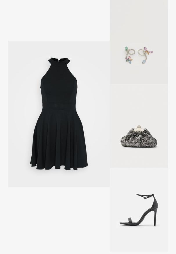 Schwarzes ärmelloses Kleid mit hohem Kragen, tailliertem Oberteil und ausgestellt Rock. Hergestellt aus einem glatten, elastischen Stoff mit einem klaren Design.; Schwarze High Heels Sandalen mit offener Zehe, dünnen Riemen und Knöchelverschluss. Glatte Ledertextur mit spitzem Zehendesign.; Schwarze und silberne Glitzertasche mit gerafftem Design. Metallverschluss mit glatter, abgerundeter Form und strukturierter Oberfläche.; Gebogene silberne Ohrringe mit Schlaufen, verziert mit mehrfarbigen Edelsteinen und kleinen Perlen, die wie Blumen angeordnet sind.