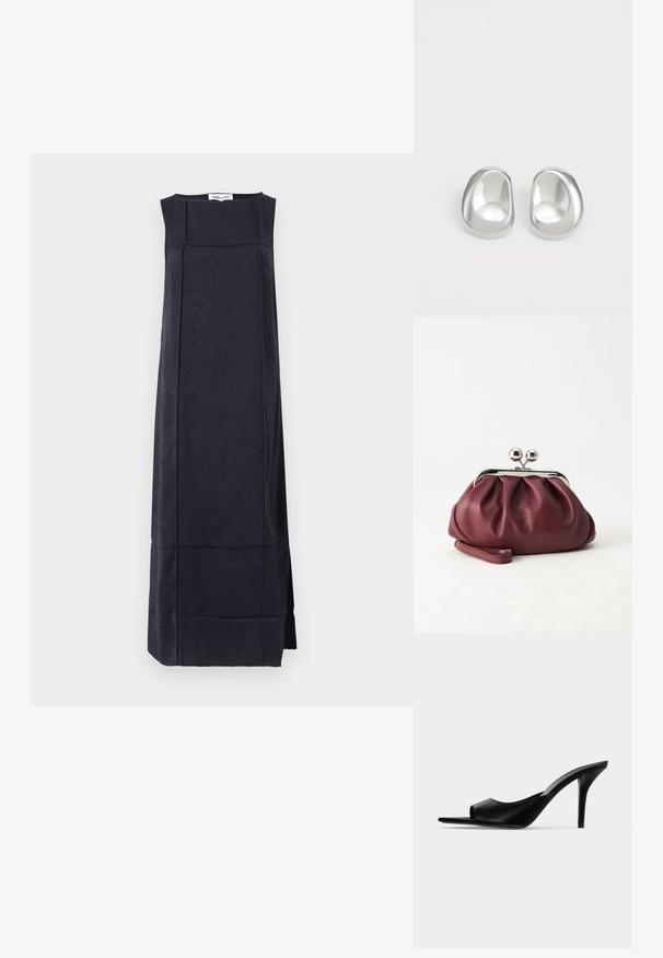 Robe sans manches bleu marine à silhouette droite, en tissu texturé avec des motifs subtils et une longueur au genou.; Mule à talon haut en cuir noir à bout ouvert avec un talon stiletto fin, vue de profil sur un fond uni.; Petit sac pochette en cuir bordeaux avec fermoir métallique argenté et bracelet sur fond blanc.; Clous d'oreilles en argent au design lisse et arrondi, présentant une surface réfléchissante et des courbes douces, offrant une apparence organique semblable à celle d'un galet.