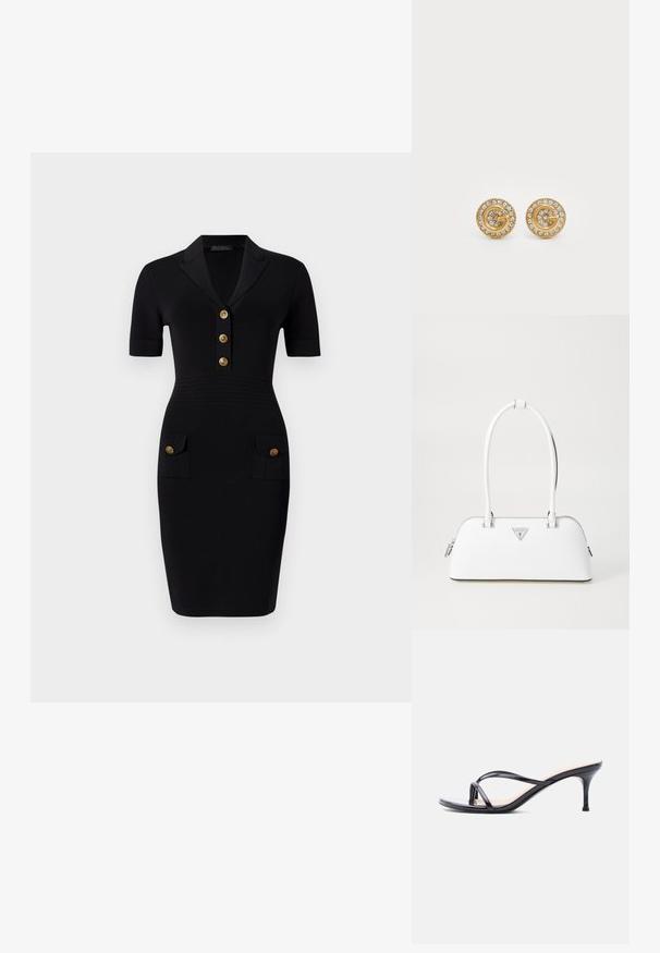 Schwarzes Enges Kleid mit kurzen Ärmeln, Kragen und fünf goldenen Knöpfen sowie zwei Vordertaschen mit passenden Knöpfen. Glatte Stofftextur.; Schwarze Peeptoe-Sandale aus Lackleder mit dünnen, gekreuzten Riemen und einem schlanken, mittelhohen Stilettoabsatz vor weißem Hintergrund.; Weiße Lederhandtasche mit geschwungener Form, versehen mit einem silbernen dreieckigen Logo und einem Reißverschluss. Glatte Textur und zwei Griffe.; Goldene, kreisförmige Steckerohrringe mit spiraligem Design, die an den Rändern mit klaren Kristallverzierungen und einem zentralen dekorativen Element versehen sind.