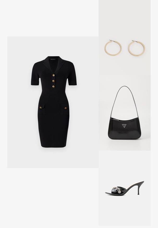 Robe noire ajustée avec des manches courtes, un col avec un collier, cinq boutons dorés et deux poches avant avec des boutons assortis. Texture du tissu lisse.; Mule à talon haut en cuir verni noir avec bout ouvert et breloques argentées décoratives comprenant une fleur et un cadenas sur la bride avant.; Sac à épaule en cuir verni noir avec une forme incurvée, présentant un logo triangle en argent et une fermeture éclair. Texture lisse et bandoulière fine.; Paire de boucles d'oreilles créoles moyennes lisses ton or avec fermoirs à charnière sur fond clair uni.