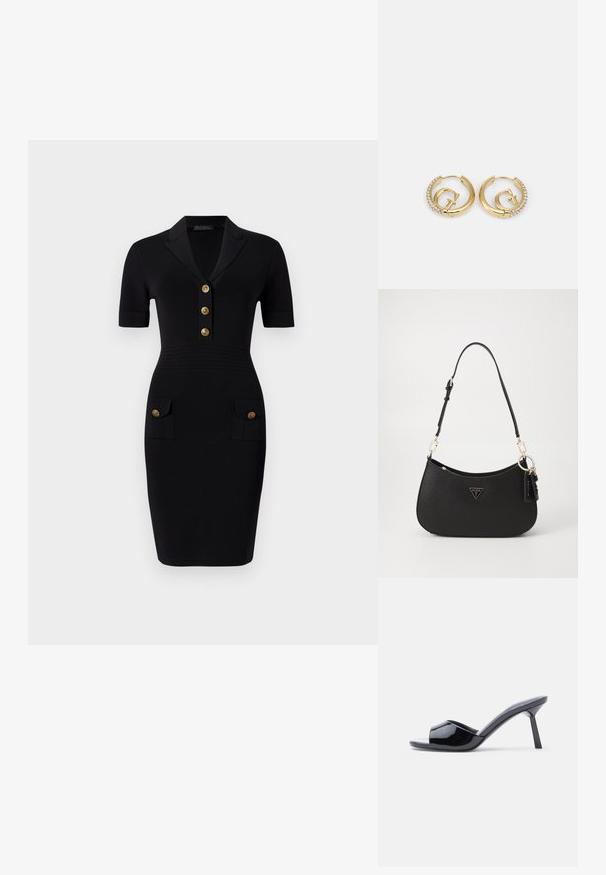 Vestido negro ajustado con mangas cortas, cuello con solapa, cinco botones dorados y dos bolsillos frontales con botones a juego. Textura de tela suave.; Sandalias de tacón con punta abierta de charol negro, con un diseño superior curvado y tacón de aguja cónico. Acabado liso y brillante.; Bolso de mano sintético negro con forma curvada, herrajes dorados y un logo triangular. Cuenta con un cierre de cremallera y una correa ajustable.; Guess CRAZY EARRINGS - Pendientes - gold-coloured
