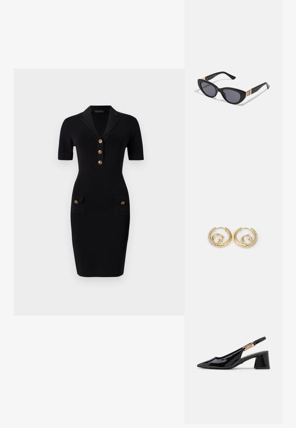 Schwarzes Enges Kleid mit kurzen Ärmeln, Kragen und fünf goldenen Knöpfen sowie zwei Vordertaschen mit passenden Knöpfen. Glatte Stofftextur.; Schwarze Lackleder Slingback-Pumps mit einer spitzen Zehe und goldfarbener Hardware am Riemen, ausgestattet mit einem Blockabsatz. Glatte Textur.; Guess Sonnenbrille - shiny black; Guess CRAZY EARRINGS - Ohrringe - gold-coloured