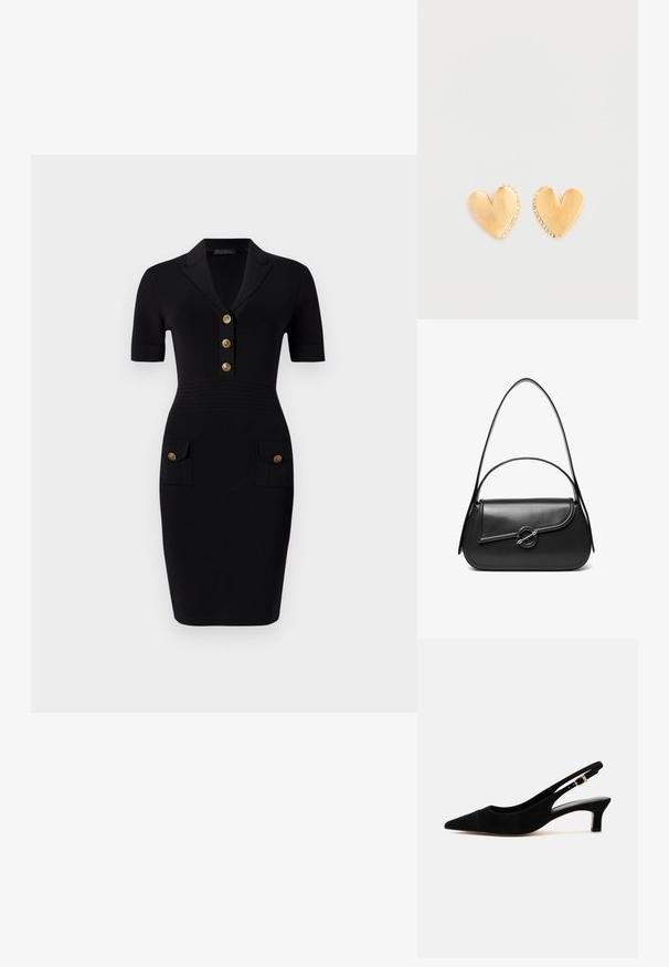 Must mustriga kleit lühikeste varrukatega, krae kaelus, viis kuldset nööpi ja kaks esist pocketit sobivate nööpidega. Sile kangastekstuuri.; Mustast seemis nahast slingback-kinga terava nina, 5 cm-kõrguse madala kontsaga ja kuldse pandlaga reguleeritaval kanna rihmal.; Must nahast õlakott kõverda kaanega, mida hoiab kinni ümmargune metallist klamber ja millel on õhuke, reguleeritav rihm.; Kullast südamekujulisest kõrvarõngad, mille pind on sile ja kaunistatud väikeste läbipaistvate kivikestega ühe serva ääres, millel on graveeritud "GUESS" bränd.