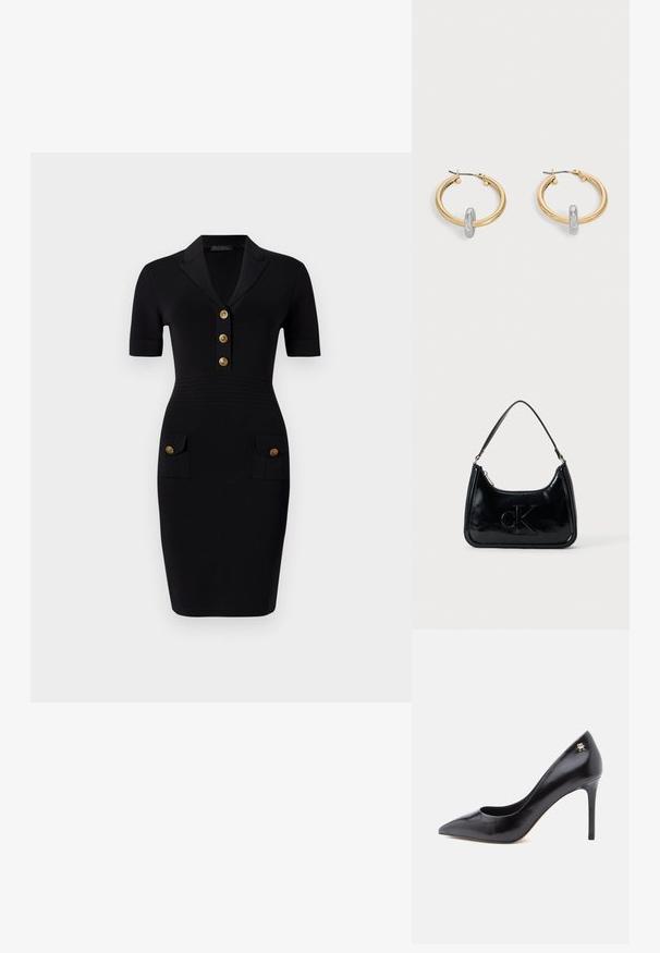 Schwarzes Enges Kleid mit kurzen Ärmeln, Kragen und fünf goldenen Knöpfen sowie zwei Vordertaschen mit passenden Knöpfen. Glatte Stofftextur.; Schwarzer Leder-Pumps mit hohem Absatz und spitzer Schuhspitze, mit einem Cut-out-Design und einem kleinen goldenen Logo-Akzent an der Ferse.; Schwarze Handtasche aus patentiertem Leder mit einem gebogenen oberen Griff, Reißverschluss und geprägt "cK" Logo auf der Vorderseite. Glatte Textur, strukturierte Form.; Paar goldfarbene Creolen mit kleinem silberfarbenem Schlaufen-Detail an jeder, vor hellem grauem Hintergrund präsentiert.