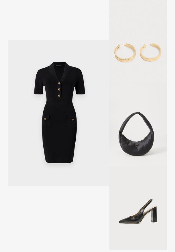 Sort tætsiddende kjole med korte ærmer, krave, fem guldknapper og to frontlommer med matchende knapper. Glat stofstruktur.; Sort læder peep-toe slingback sko med høj blokhæl og beige indvendig foring mod en ensfarvet lys baggrund.; Sort satin håndtaske med en buet form, der har en lynlåslukning og et trekantet logo i metal på forsiden. Glat tekstur og slankt design.; Et par guldtonede hoops øreringe med en række små krystaller langs den yderste kant, vist på en ensfarvet lys baggrund.