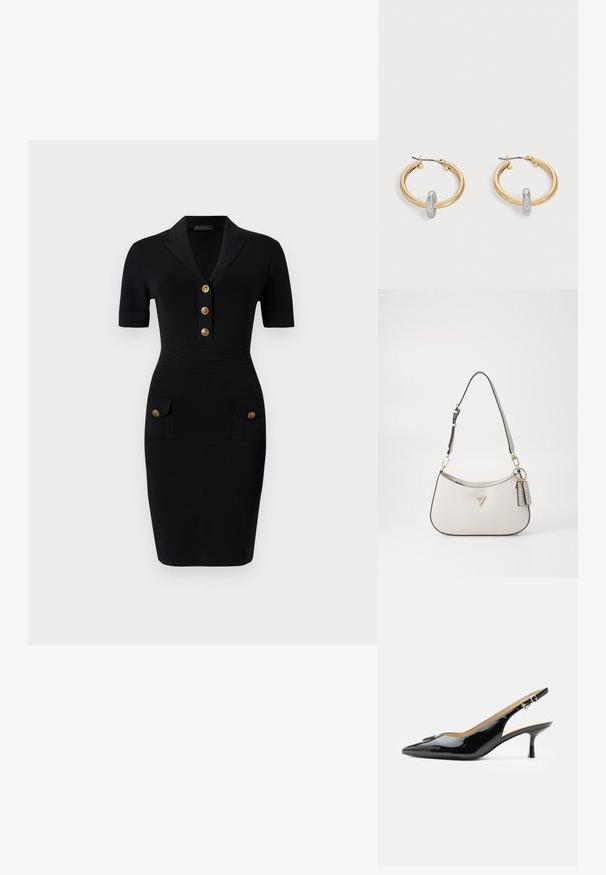 Vestido negro ajustado con mangas cortas, cuello con solapa, cinco botones dorados y dos bolsillos frontales con botones a juego. Textura de tela suave.; Tacón slingback de charol negro con puntera puntiaguda, tacón pequeño tipo kitten y correa con hebilla plateada sobre un fondo blanco liso.; Bolso blanco texturizado con forma curva, herrajes dorados, una correa desmontable y un acento de logo. Incluye una etiqueta de llavero con la marca.; Par de pendientes de aro en tono dorado con pequeño detalle de aro en tono plateado en cada uno, expuestos sobre un fondo gris claro.