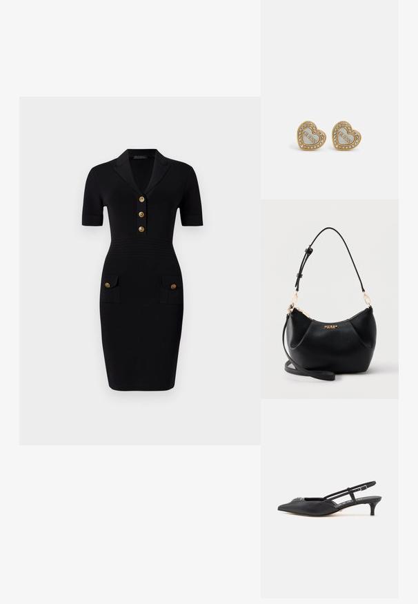Vestido negro ajustado con mangas cortas, cuello con solapa, cinco botones dorados y dos bolsillos frontales con botones a juego. Textura de tela suave.; Zapatos slingback negros con punta afilada, hechos de material suave, con un pequeño tacón y un acento decorativo plateado en el empeine.; Bolso de piel negra texturizada para el hombro con cremallera dorada, correa ajustable y logo dorado "GUESS" en el centro delantero.; Pendientes en forma de corazón de tono dorado con un centro blanco que lleva la inscripción "GUESS", rodeado de brillantes cristales transparentes.