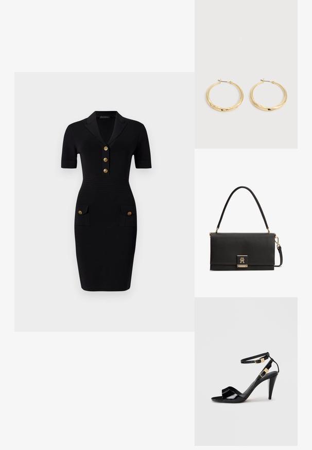 Schwarzes Enges Kleid mit kurzen Ärmeln, Kragen und fünf goldenen Knöpfen sowie zwei Vordertaschen mit passenden Knöpfen. Glatte Stofftextur.; Schwarze, lackierte High-Heeled-Sandalen mit doppelten Knöchelriemen und goldenen Schnallen, Zehen offen und schlankem, spitz zulaufendem Absatz auf neutralem Hintergrund.; Schwarze, strukturiere Lederhandtasche mit Tragegriff oben und goldfarbenem Logoverschluss auf der Vorderklappe, mit abnehmbarem Schulterriemen.; Paar polierte goldene Creolen mit dünnen Stegen und Klappverschlüssen, auf einem schlichten hellgrauen Hintergrund präsentiert.