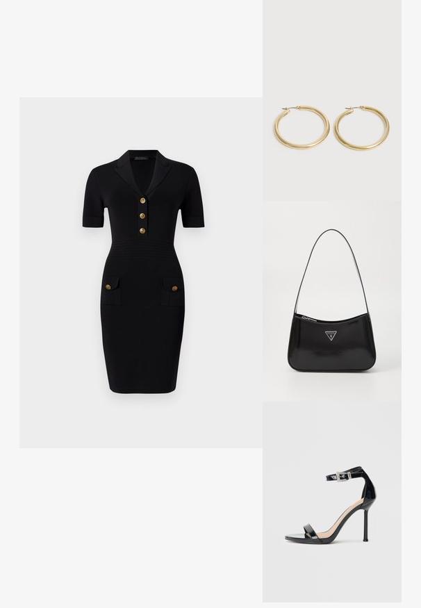 Robe noire ajustée avec des manches courtes, un col avec un collier, cinq boutons dorés et deux poches avant avec des boutons assortis. Texture du tissu lisse.; Sandale à talon haut en cuir verni noir avec bride à la cheville. Présente un design minimaliste, un bout ouvert et une boucle ornée de strass.; Sac à épaule en cuir verni noir avec une forme incurvée, présentant un logo triangle en argent et une fermeture éclair. Texture lisse et bandoulière fine.; Paire de boucles d'oreilles créoles en or lisse et brillant avec des tiges fines et des fermoirs à charnière sur un fond clair uni.