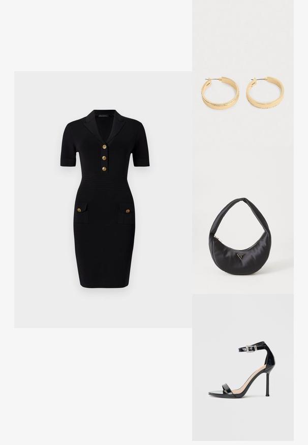 Vestido negro ajustado con mangas cortas, cuello con solapa, cinco botones dorados y dos bolsillos frontales con botones a juego. Textura de tela suave.; Sandalia de tacón alto en piel sintética negra con correa en el tobillo. Presenta un diseño minimalista, punta abierta y una hebilla con detalles de pedrería.; Bolso de satén negro con forma curva, que cuenta con un cierre de cremallera y un logo triangular en metal en la parte delantera. Textura suave y diseño elegante.; Un par de pendientes de aro en tono dorado con una fila de pequeños cristales a lo largo del borde exterior, presentado sobre un fondo claro y liso.