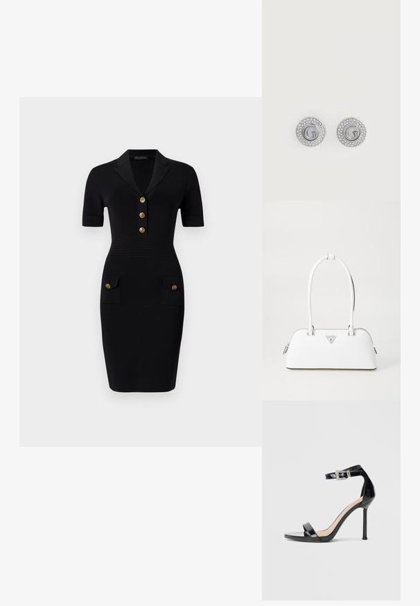 Robe noire ajustée avec des manches courtes, un col avec un collier, cinq boutons dorés et deux poches avant avec des boutons assortis. Texture du tissu lisse.; Sandale à talon haut en cuir verni noir avec bride à la cheville. Présente un design minimaliste, un bout ouvert et une boucle ornée de strass.; Sac à main en cuir blanc avec une forme courbée, présentant un logo triangulaire argenté et une fermeture à glissière. Texture lisse et doubles poignées.; Boucles d'oreilles clous rondes en argent avec une lettre G au centre, entourée de deux rangées de petits cristaux clairs.