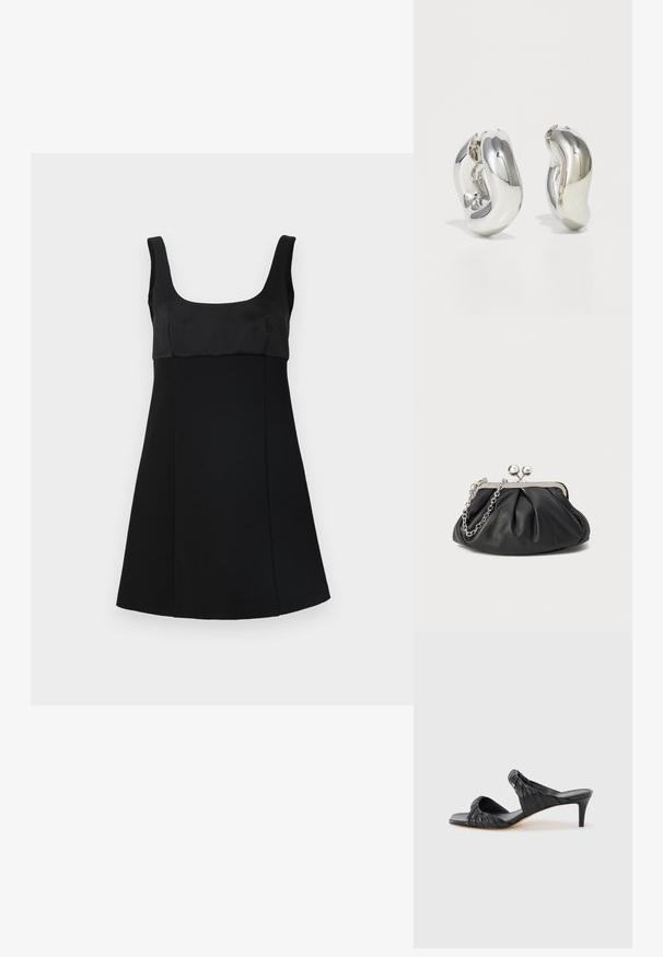 Robe noire avec un décolleté carré, dotée d'un corsage ajusté et d'une silhouette évasée. Fabriquée en tissu lisse, avec un design épuré et minimaliste.; Sandales à talons noirs avec un bout carré, fabriquées en cuir lisse. Elles présentent des brides froncées et un talon fin pour plus d'élévation.; Porte-monnaie en cuir noir avec texture froncée, cadre en métal argenté, fermeture à verrouillage kiss-lock et bandoulière en chaîne. Surface lisse et douce.; Boucles d'oreilles sculpturales en argent avec des formes douces et courbes et des surfaces réfléchissantes. Présentent un design de boucle fermée et une forme organique distincte.