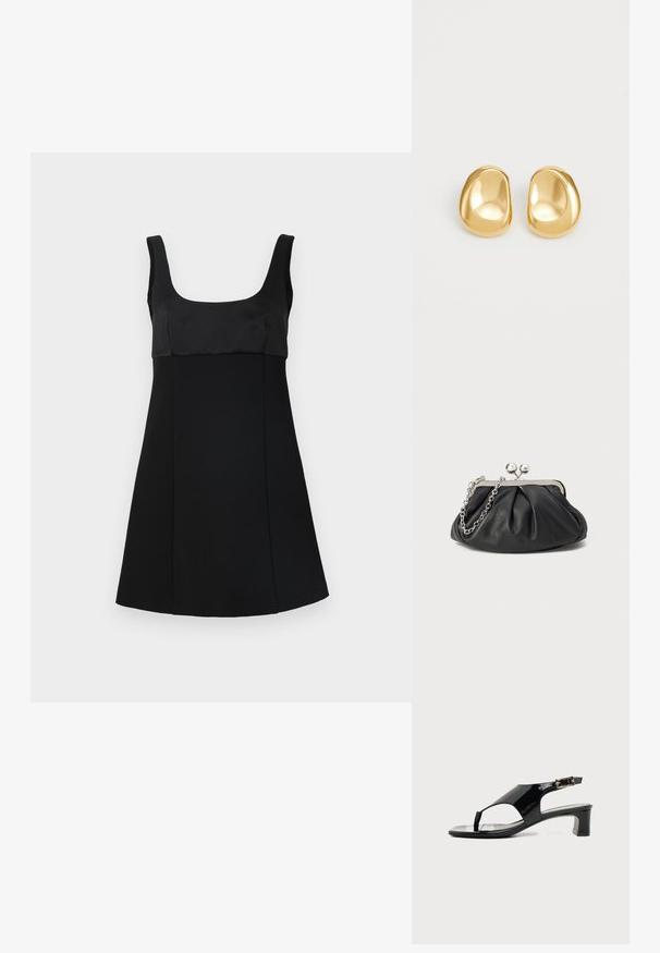 Vestido negro con escote cuadrado, que presenta un corsé ajustado y una silueta en A. Hecho de una tela suave, con un diseño elegante y minimalista.; Sandalia de charol negro con tacón bajo de bloque, tira entre los dedos y hebilla lateral ajustable sobre un fondo claro y liso.; Clutch de cuero negro con textura arrugada, marco de metal en tono plateado, cierre de beso y cadena para colgar. Superficie suave y lisa.; Pendientes de studs en color dorado con una forma suave y redondeada y una superficie reflectante, que exhiben un diseño minimalista y sin patrones visibles.
