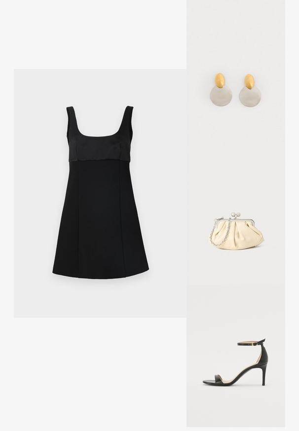 Vestido negro con escote cuadrado, que presenta un corsé ajustado y una silueta en A. Hecho de una tela suave, con un diseño elegante y minimalista.; Sándalo de tacón alto de piel negra con tiras en el tobillo. Presenta una textura suave, puntera abierta y un tacón delgado. Detalles de hebilla en tono dorado.; Clutch de cuero beige plisado con un marco de metal plateado, que cuenta con dos broches decorativos redondos y una correa de cadena plateada.; Pendientes de metal dorado y plateado con base de disco redondo y pieza superior ovalada, textura suave y acabado pulido.