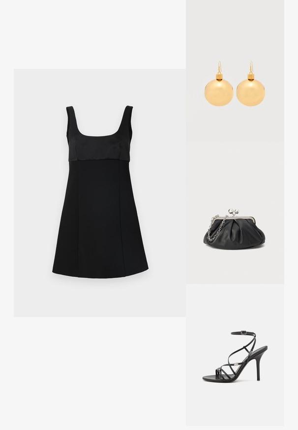 Vestido negro con escote cuadrado, que presenta un corsé ajustado y una silueta en A. Hecho de una tela suave, con un diseño elegante y minimalista.; Sándalo negro de tacón alto con tiras finas, hebilla en el tobillo, superficie de cuero suave y tacón de aguja esbelto.; Clutch de cuero negro con textura arrugada, marco de metal en tono plateado, cierre de beso y cadena para colgar. Superficie suave y lisa.; Par de pendientes de bola navideña dorados brillantes con cierre de gancho sobre un fondo blanco liso.