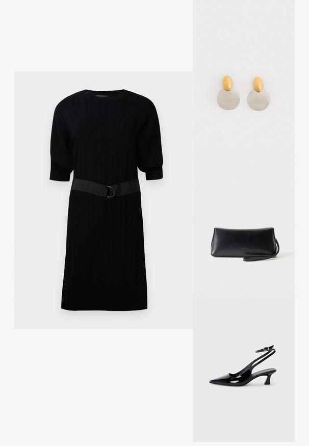 Schwarzes geripptes Strickkleid mit kurzen Puffärmeln und einem kontrastierenden schwarzen Gürtel mit einem Metallschmuckdetail in der Taille.; Schwarze Lackleder Slingback-Absätze mit spitzem Schuhblatt, niedrigem Blockabsatz und verstellbarem Knöchelriemen mit goldener Schnalle.; Schwarze, glatte Leder-Clutch mit schmalem Handgelenksriemen, rechteckiger Form und dezentem, geprägtem Logo mittig auf der Vorderseite.; Ohrringe aus Gold und Silber mit einer runden Diskusbasis und einem ovalen Oberteil, glatte Textur und polierte Oberfläche.